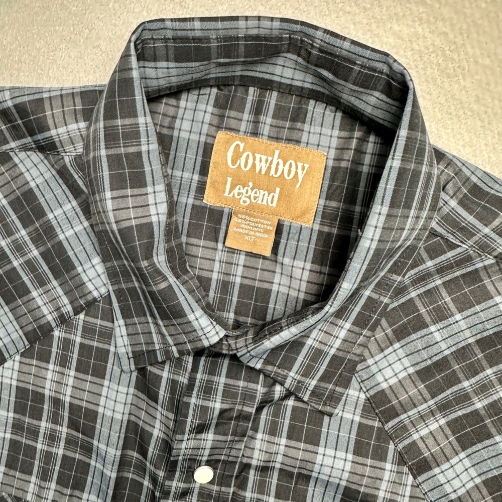 Cowboy Legend Western Snap Shirt Mens XLT Blue Grey Plaid Short Sleeve Tall